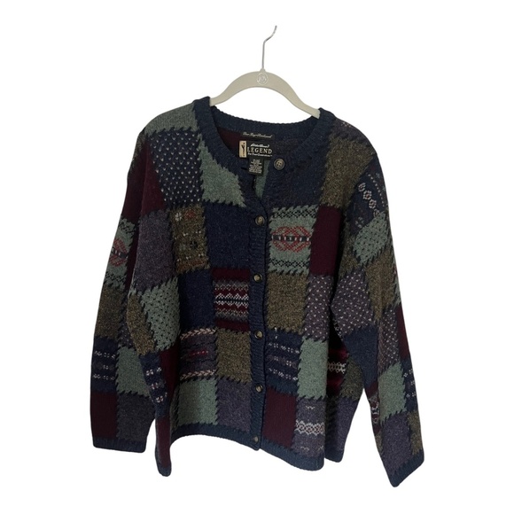 Vintage Eddie Bauer Legend Deer Bay Patchwork Wool Cardigan XL - Picture 1 of 3